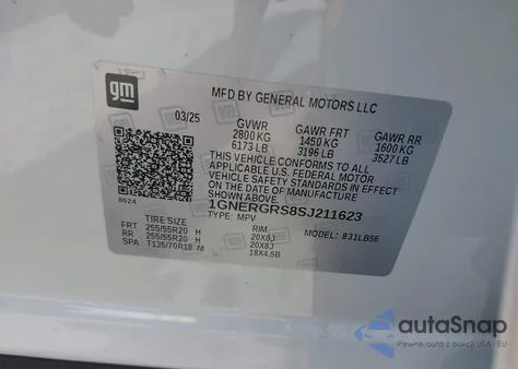 2025 Chevrolet Traverse Fwd Lt из США, поврежденный, VIN 1GNERGRS8SJ211623